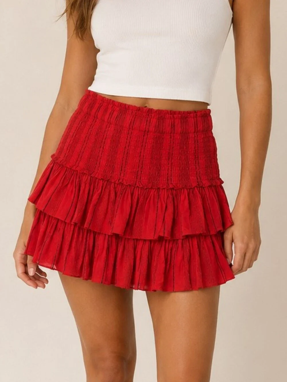 Sundry Anthro Tiered Ruffle Mini Skirt Red Smock Waist Size 2 (Med) Boho Summer